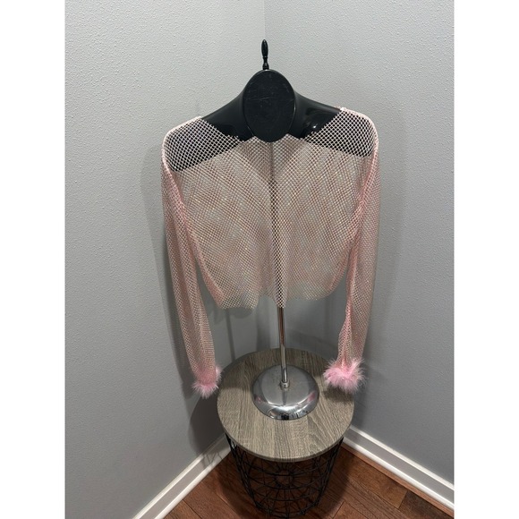 The Unbranded Brand Tops - Pink Sparkly Mesh Top Long Sleeve with Feather Cuffs